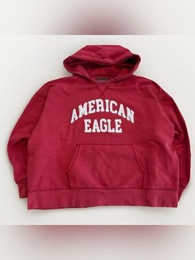 American Eagle Men's Red Hooded Sweatshirt - Oversized Size Small